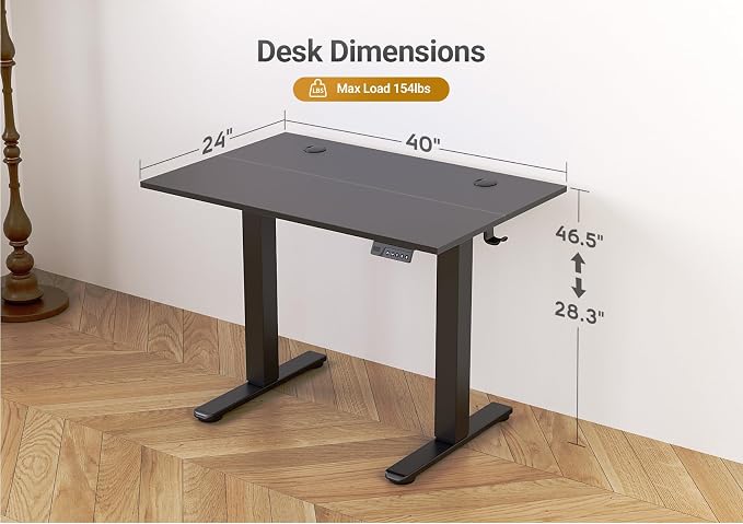 Seang Electric Standing Desk Adjustable Height, 40 x 24 Inch Sit Stand Desk with T-Shaped Frame, 3 Memory Presets & Cable Management for Home Office Computer Workstation, Black Frame/Black Top
