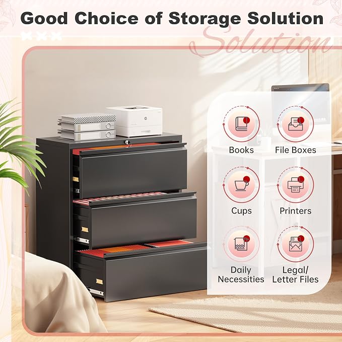 Superday Lateral File Cabinet 3 Drawer Metal File Cabinet with Lock, Black Filing Cabinets for Home Office, Locking Filing Cabinets Hanging Files Letter/Legal/F4/A4