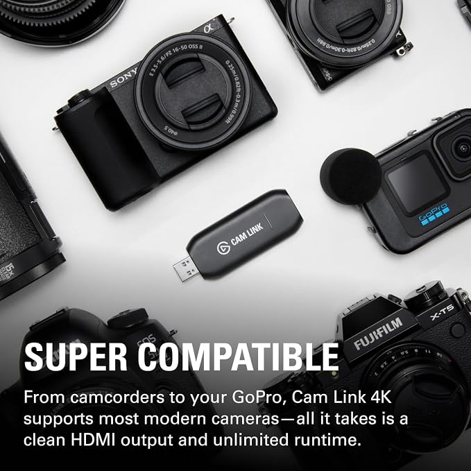 Elgato Cam Link 4K Capture Card for DSLR, Camcorder, Action Cam | HDMI to USB 3.0, Stream in 1080p60 or 4K30/60, Ultra-low latency, Works with OBS, Zoom, Discord, PC/Mac/iPad compatible
