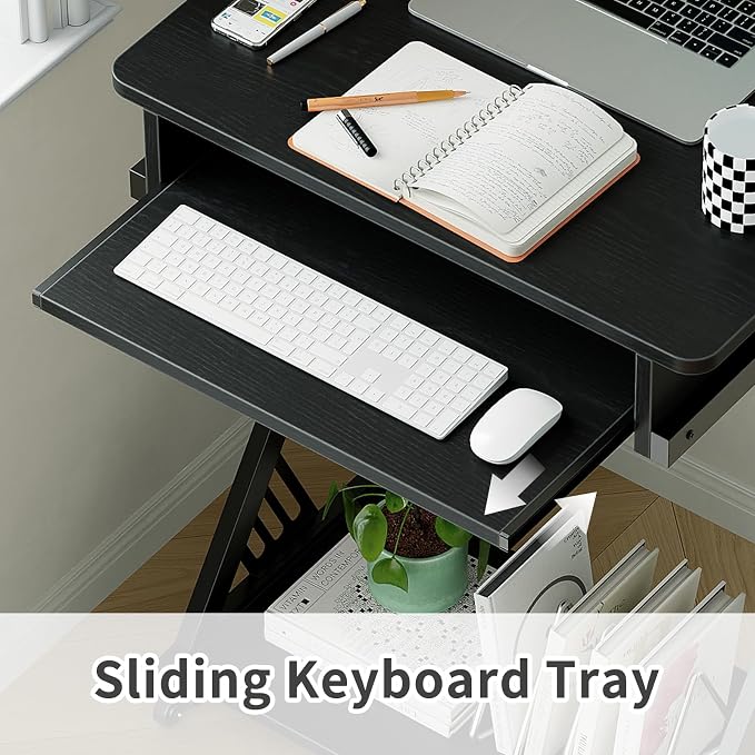 ALISENED Computer Desk for Small Spaces,23.6" Z-Shaped Compact Study Table with Smooth Keyboard Tray,with Wheels and Bottom Shelves for Home Office，Computer Cart Mobile Laptop Cart