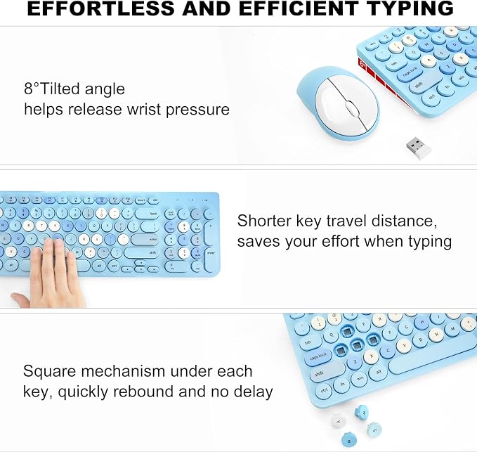 Wireless Keyboard and Mouse Combo, Retro Typewriter Keyboard with Round Keycaps, 2.4GHz USB Cute Wireless Keyboard Mouse for Computer, Desktop, Laptop (Blue Colorful)