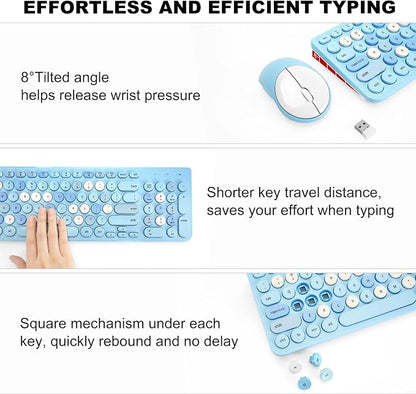 Wireless Keyboard and Mouse Combo, Retro Typewriter Keyboard with Round Keycaps, 2.4GHz USB Cute Wireless Keyboard Mouse for Computer, Desktop, Laptop (Blue Colorful)