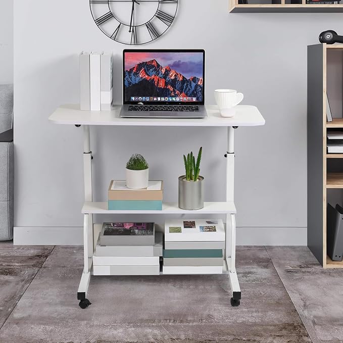 Adjustable Height Mobile Computer Desk for Small Space Rolling Writing with Wheels Corner Home Office Study Portable Bedrooms Work Desk Standing Table Sizes 31.5X15.7 Inches White