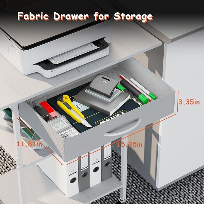 Arbuxzuy 3-Tier Printer Stand, Printer Table with Fabric Drawer, Industrial Printer Storage Cart with Wheels, Rolling Printer Stand for Heat Press Scanner Fax, White