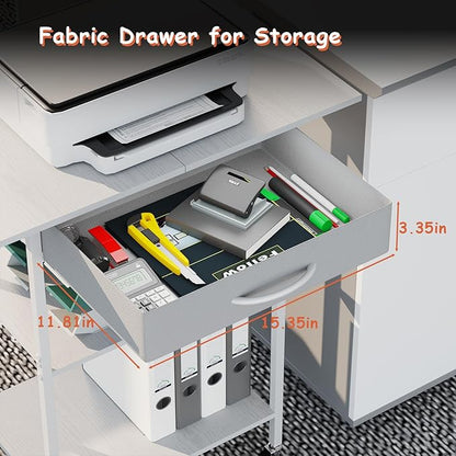 Arbuxzuy 3-Tier Printer Stand, Printer Table with Fabric Drawer, Industrial Printer Storage Cart with Wheels, Rolling Printer Stand for Heat Press Scanner Fax, White