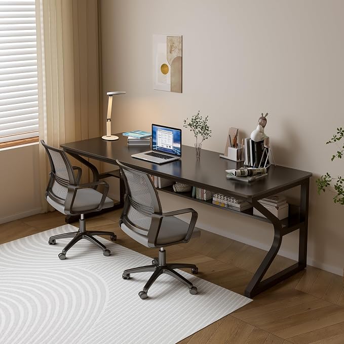 OSCHF Extra Long Desk with Bookshelf - 71" Double Long Writing Table for 2-Person Workstation, Modern Study Work Computer Desk for Home and Office, Black