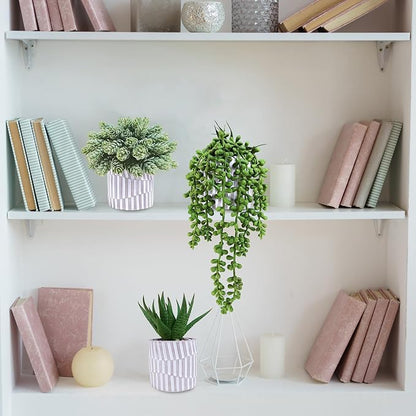 Winlyn 3 Pack Small Faux Succulent Plants Fake String of Pearls Aloe Hops Succulents in Gray Geometric Concrete Pots Artificial Potted Plant for Office Desk Home Tabletop Windowsill Shelf Decor