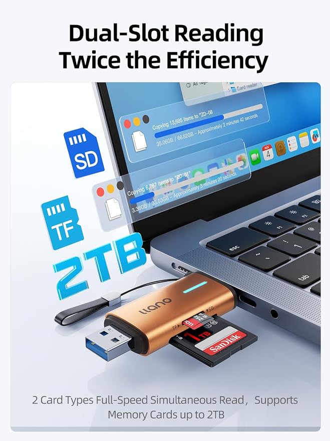 llano Micro SD Card Reader, 2 in 1 USB C 3.0 SD Card Reader Dual Slots Card Adapter, Memory Card Reader for MicroSD, SDHC, SDXC, Compatible with iPhone 17/16/15, MacBook, iPad, Android, Computer