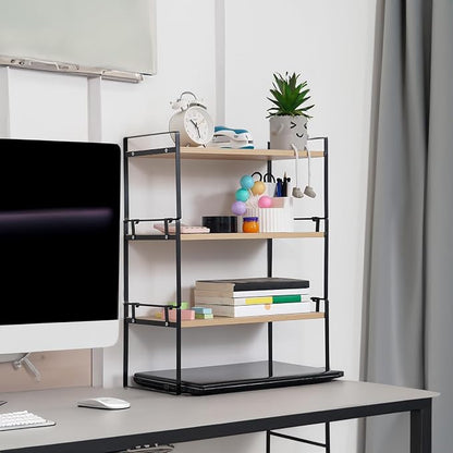 YGYQZ Wood Office Desk Shelf Organizer - Desktop Supplies Cute Dresser Top Organization Storage Rack and Cubicle Decor Aesthetic Bookshelf for Women Man and Kids (Black Wood-Three Tier)