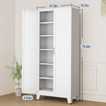 White Metal Storage Cabinet,75" Steel Cabinets for Home Office, Kitchen Pantry Storage Cabinet with Doors and 5 Adjustable Shelves, Tool Cabinets, for Office, Home, Garage, School