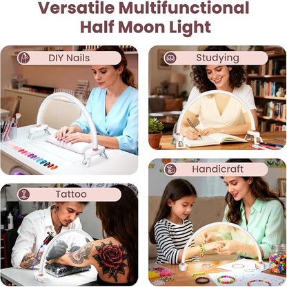 Yokilly Arc Half Moon Light: 16" Half Moon Light with Foldable Bracket for Desk Salon Table Use - No Flicker & Shadow-Free Desk Lamp with Stepless Brightness 3000-6500K for Manicurist Nail Tech