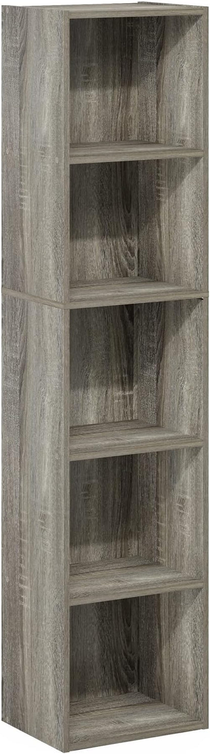Furinno PASIR Book Shelf, 5-Tier Tall Narrow Bookshelf, Open Shelves Bookcase, 9 x 12 x 52, Easy Assembly, for Living Room, Bedroom, Home Office, French Oak