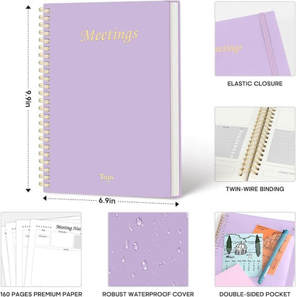 Meeting Notebook for Work Organization - Work Planner Notebook with Action Items, Agenda Planner for Note Taking, 160 Pages (6.9" X 9.9") Project Organizer for Men & Women - Lavender