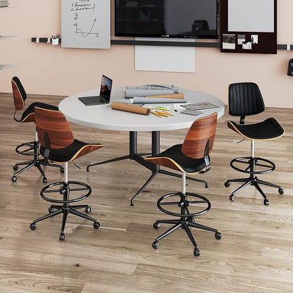 Drafting Chair, Ergonomic Office Chair with Walnut Wood Back Support, Armless PU Leather Desk Chair with Height-Adjustable, Thick Cushion for Home, Bar, Drafting, Office (Black)