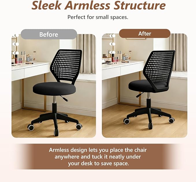 Small Office Chair with Wheels, Armless Desk Chair Height Adjustable Swivel Rolling Task Chair Breathable Mesh Ergonomic Computer Work Chair for Adult, Black