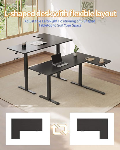 YIHAYO Reversiable L-Shaped Electric Standing Desk, 55 Inches Adjustable Height Corner Desk, Sit and Stand Up for Work Office Home, Computer Table with Splice Board, Black