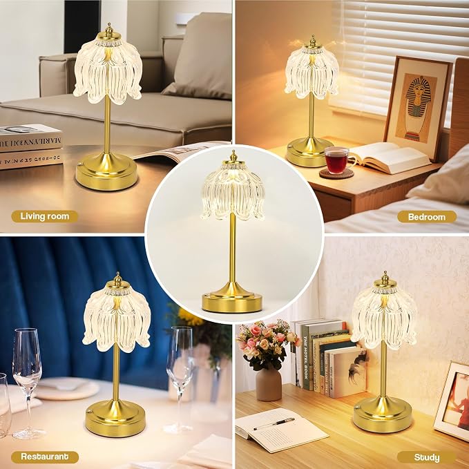 Cordless Lotus Flower Table Lamp, 5200mAh Rechargeable Battery Operated Portable Lamp, 3-Color Dimmable Touch Control Small Desk Lamp for Bedroom, Office, Kitchen, Nightstand,Room Decor (Flower Clear)