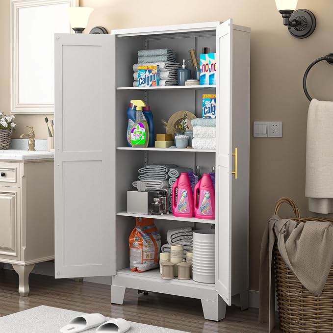 winiowa White Metal Pantry Cabinet with 2 Doors and Adjustable Shelves, 61" Kitchen Storage cabinets with Gold Handles, Versatile Storage for Laundry/Living/Dinning Room, Bathroom,Utility Room