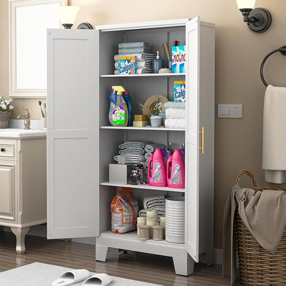 winiowa White Metal Pantry Cabinet with 2 Doors and Adjustable Shelves, 61" Kitchen Storage cabinets with Gold Handles, Versatile Storage for Laundry/Living/Dinning Room, Bathroom,Utility Room