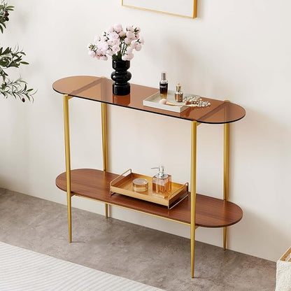LumFurn Oval Glass Console Table for Living Room, Foyer & Entrance, 2-Tiers Mid-Century Modern Sofa Table with Amber Glass Top, Walnut Finish Wood Top and Gold Finish Metal Frame