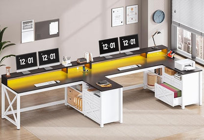 SEDETA Corner Computer Desk, 55" L Shaped Gaming Desk with Storage Drawers and Power Outlet, Farmhouse Corner Gaming Desk with Storage Shelves and LED Lights for Home Office, Black