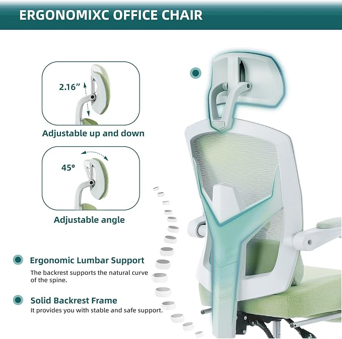 DUMOS Office Desk Computer Chair with Footrest, Ergonomic Mesh Swivel Gaming Chair with Rolling Wheels, Comfortable Headrest, Lumbar Support, Comfy for Home, Office, Task, Student, Elegant Green