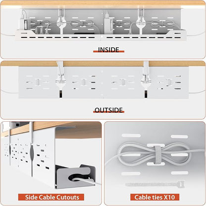 Univivi Under Desk Cable Management Tray - 32" Steel Cord Organizer, No-Drill C-Clamp & Screw Mount for Office/Home, Effortless Wire Management (White)