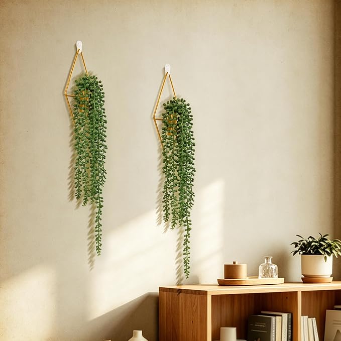 2 Pack Artificial Hanging Plants with Geometric Metal Wall Planter, Faux String of Pearls Hanging Plant, Fake Succulent Vine Potted Plant for Wall Decor, Indoor Outdoor Home Office Garden Patio Decor