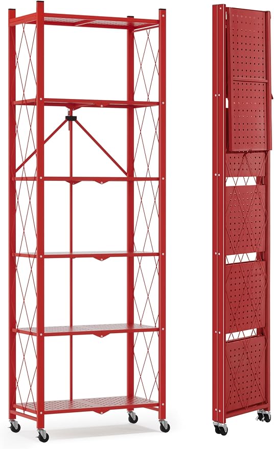 ALANNG 73.6 Inch Folding Bookshelf, 6 Tier Metal Bookcase and Bookshelves, Tall Shelves for Living Room Office Bedroom, Heavy Duty Book Shelve Free Standing Open (Red, 1PACK)
