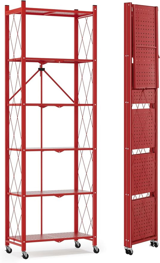 ALANNG 73.6 Inch Folding Bookshelf, 6 Tier Metal Bookcase and Bookshelves, Tall Shelves for Living Room Office Bedroom, Heavy Duty Book Shelve Free Standing Open (Red, 1PACK)