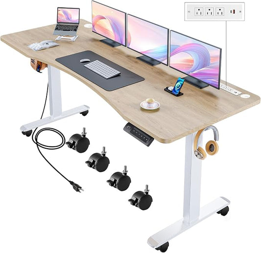 Adjustable Standing Desk, 63'' x 24'' Electric Height Adjustable Desk, Ergonomic Home Office Stand up Desk with Wheels, Outlets and Splice Board,2 USB Ports,3 Power Outlets,4 Caster(Oak)