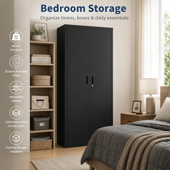 71" Black Metal Storage Cabinet with Lock & Adjustable Shelves - Heavy Duty Garage, Pantry & Office Cabinet with Adjustable Feet, 4 Shelves & Doors for Home Organization