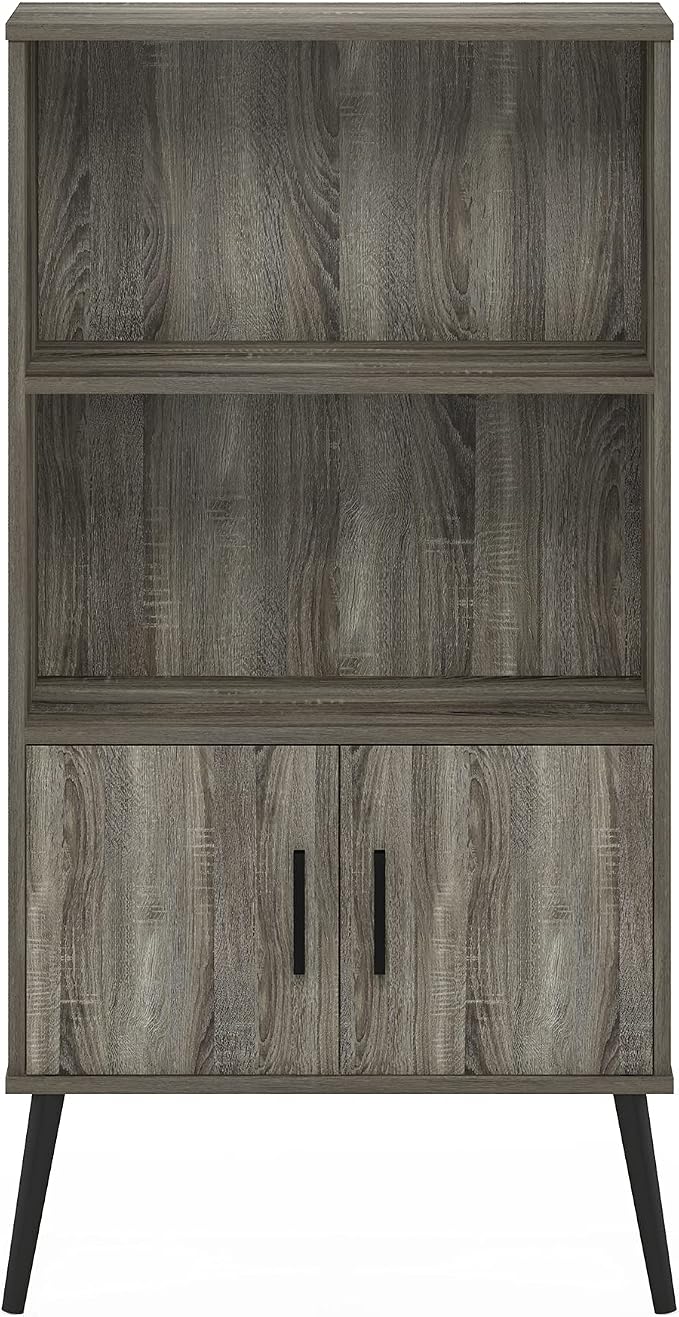 Furinno Claude Mid Century Style Accent Wooden Leg Bookcase Cabinet with Storage Organizer Shelves, French Oak Grey