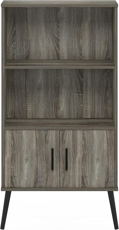 Furinno Claude Mid Century Style Accent Wooden Leg Bookcase Cabinet with Storage Organizer Shelves, French Oak Grey