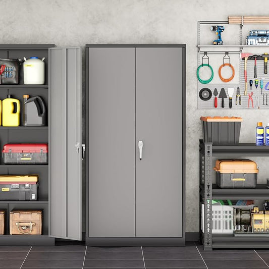 INTERGREAT Metal Garage Storage Cabinet with Lock, 72" Storage Cabinet with Locking Doors and 4 Adjustable Shelves, Lockable Steel Tool Cabinet for Home Office, School, Black Grey