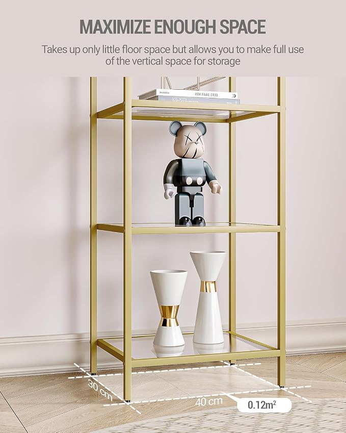 Hzuaneri Bookcase Bookshelf, Tempered Glass Bookshelves, Slim Shelving Unit for Bedroom, Bathroom, Home Office, Steel Frame, 4 Tier Gold BC04001G