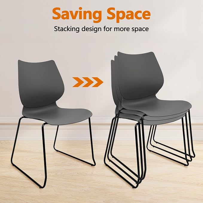 KLASIKA Stacking Waiting Room Chairs, Stacked Plastic Office Chair with Ergonomic Lumbar Support and Metal Legs for Conference School Church Guest Reception Set of 8, Grey