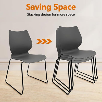 KLASIKA Stacking Waiting Room Chairs, Stacked Plastic Office Chair with Ergonomic Lumbar Support and Metal Legs for Conference School Church Guest Reception Set of 12, Grey