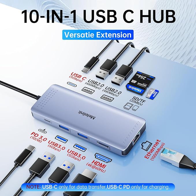 Melelink USB C Hub Ethernet, 10 in 1 USB-C to HDMI Adapter 4K@60Hz with Gigabit Ethernet, 100W PD, USB-A&C Data Ports and SD/TF Slot, USBC Dock MultiPort Dongle for MacBook, Dell, HP, Lenovo, etc