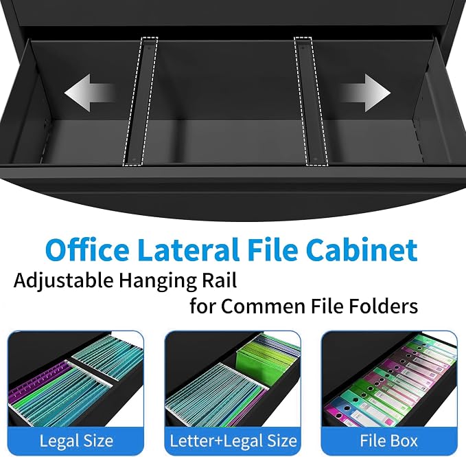 3 Drawer Lateral File Cabinet with Lock, Metal Lateral Filing Cabinet for Home Office, Steel Wide Horizontal Filing Cabinets for Letter/Legal/A4/F4 Hanging Files (Black)