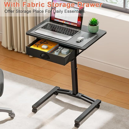 Rolling Adjustable Height Standing Desk With Drawers, Small Mobile Laptop Desk Cart On Wheels For Small Spaces Home Office, Portable Sitting Laptop Table For Bed Couch Load Up To 60LBS, Sturdy, Black