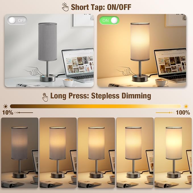 Touch Bedside Table Lamp with Memory - Stepless Dimmable Lamp for Bedroom, Small Nightstand Lamp with Dual USB Charging Ports and AC Outlet, Wood Night Light, Desk Lamp for Nursery (Grey & Grey)
