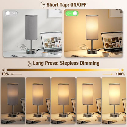 Touch Bedside Table Lamp with Memory - Stepless Dimmable Lamp for Bedroom, Small Nightstand Lamp with Dual USB Charging Ports and AC Outlet, Wood Night Light, Desk Lamp for Nursery (Grey & Grey)