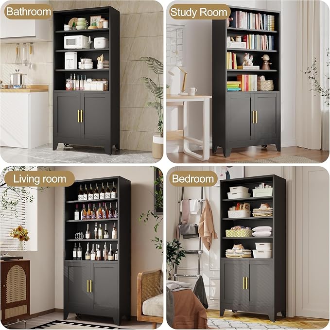 erosoei 71" H Tall Metal Bookcases and Bookshelves with 2 Doors and Adjustable Shelves，Tall Storage Cabinet Industrial Bookshelf 6-Tier Open Display Shelf，Decor Furniture for Living Room, Bedroom