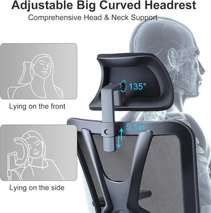 Ticova Ergonomic Office Chair - High Back Desk Chair with Adjustable Lumbar Support & 3D Armrest - 130°Reclining & Rocking Mesh ComputerChair with Thick Seat Cushion & Rotatable Headrest