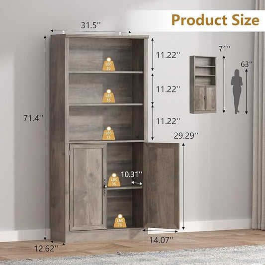 Thacuok 72'' Tall Bookcase with Doors, Adjustable Shelves, P2 MDF Construction, 32'' Wide Freestanding Cabinet with Metal Handles, Hidden Storage for Living Room, Bedroom
