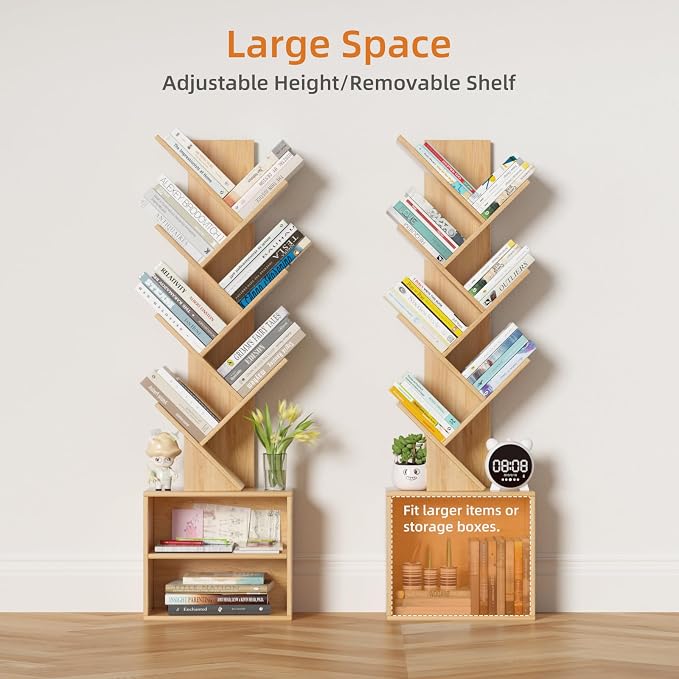 SHEEPAM 10 Tier Tree Bookshelf,Christmas Green Bookcase for Narrow Space, Storage Organizer Floor Standing Bookshelves for Books, Tall Book Case for Home Office, Living Room, Bedroom