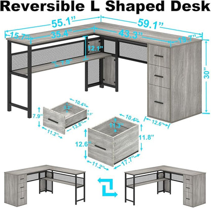 LVB Reversible Gray L Shaped Corner Desk, Farmhouse Wood Computer Desk with File Drawers Cabinets, Large Work Study Executive Home Office Desk with Storage Shelves for Bedroom, Light Grey Oak, 59 Inch