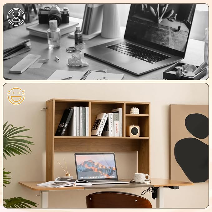 LDAILY Desktop Bookshelf, 2-Tier Office Desk Shelf Organizer Desk Hutch with 4 Shelves, 37’’L Wood Storage Rack Display Shelf for Computer Desk, Office, College Dorm, Bedroom (Natural)