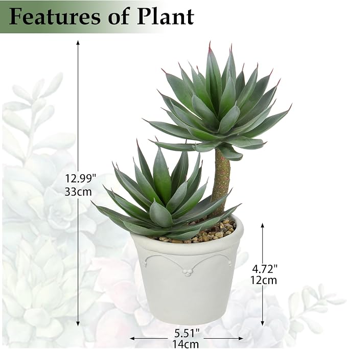 Hollyone Large Artificial Succulent Plants Fake Agave Succulents Potted 13" Faux Plant in Vintage Cement White Pot Succulent Aloe Plant Indoor for Desk Home Office Living Room Table Shelf Decor